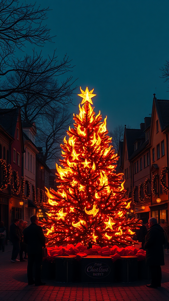 A Christmas tree on fire in town square.