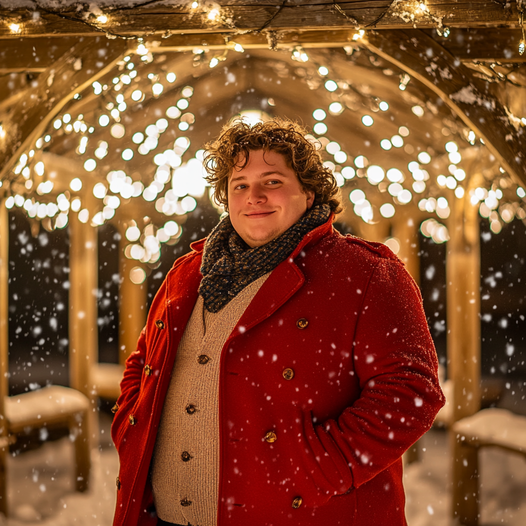 A Chubby Man in Red Peacoat in Snowy Gazebo