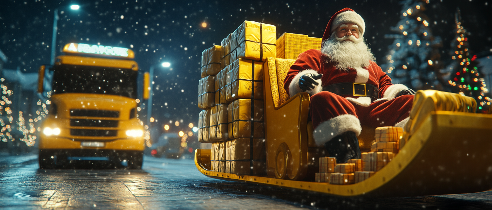 A Cinematic Santa Claus Delivering Logistics Packages