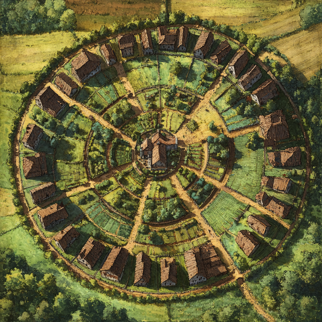 A Circular Farming Village in Dungeons and Dragons Style