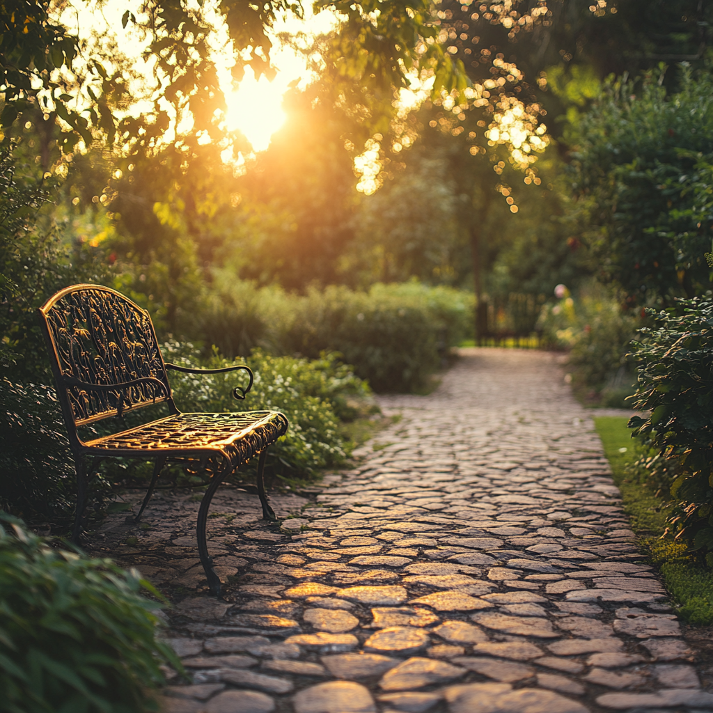 A Classic European Garden with Cobblestone Pathway