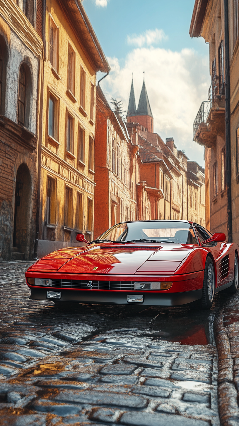 A Classic Ferrari Testarossa on Cobblestone Street