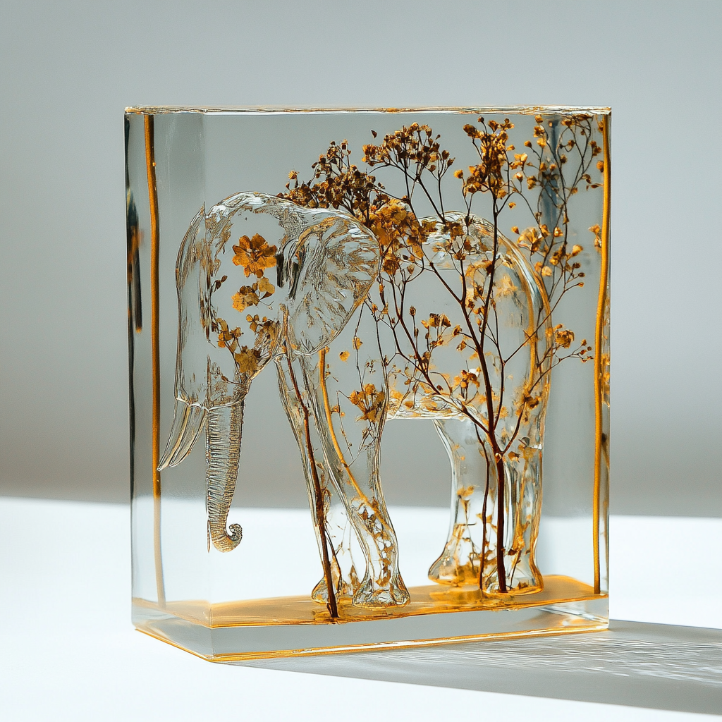 A Clear Glass Elephant with Dried Flowers