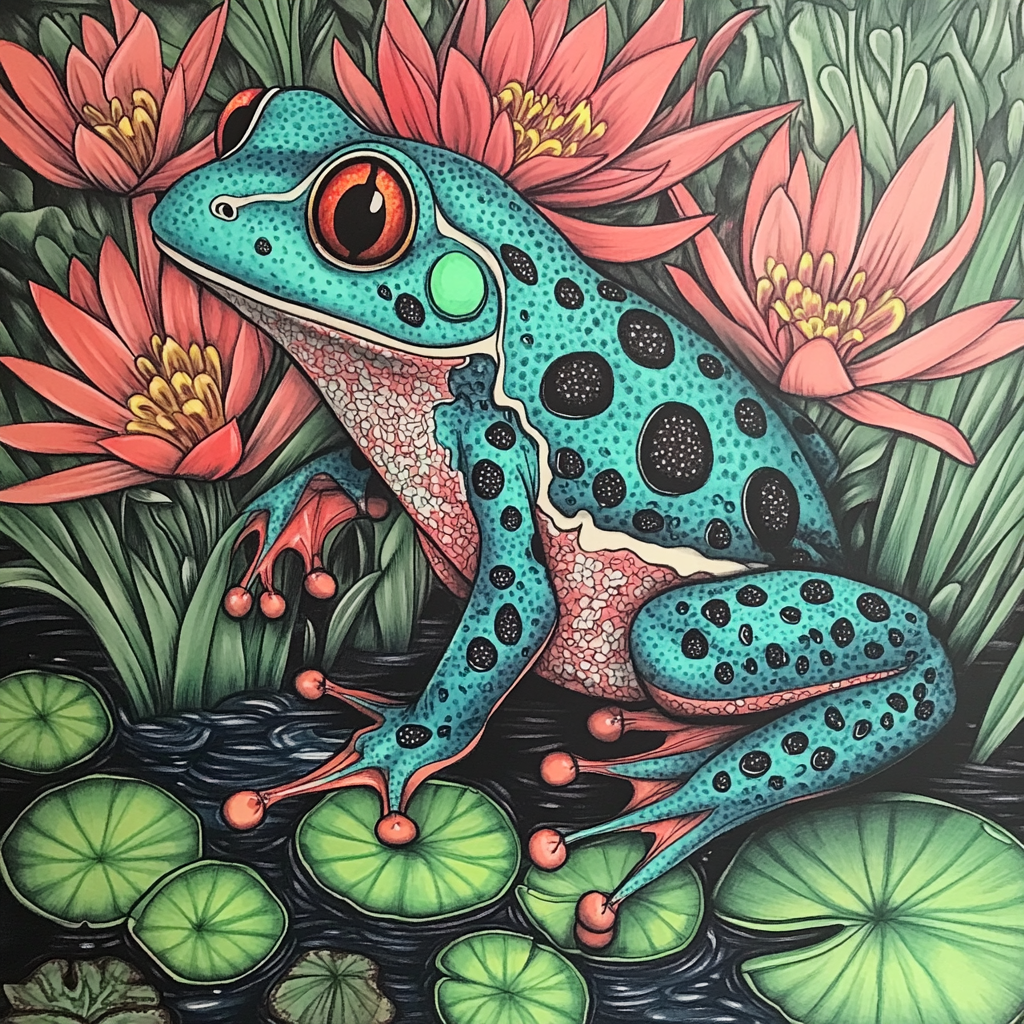 A Colorful Cartoon Frog by a Pond