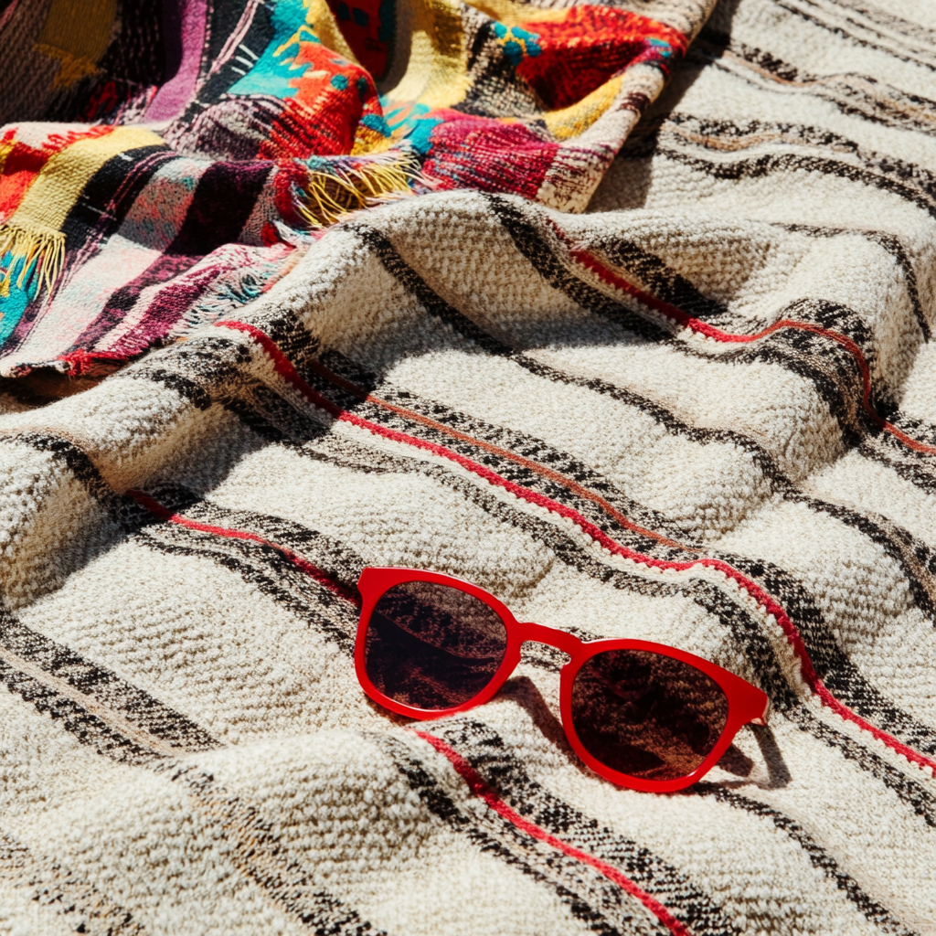 A Colorful Hawaiian Shirt Resting on Striped Blanket