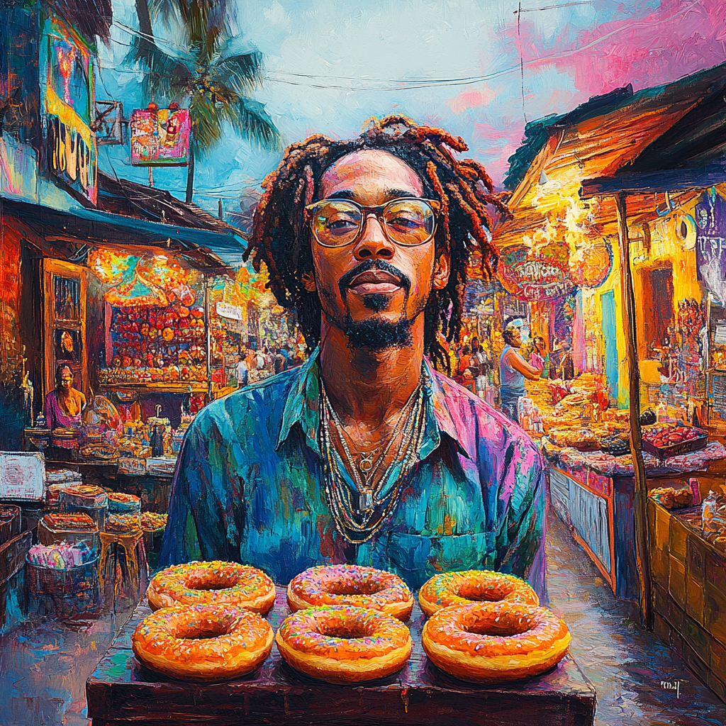 A Colorful Jamaican market with donuts and street art.