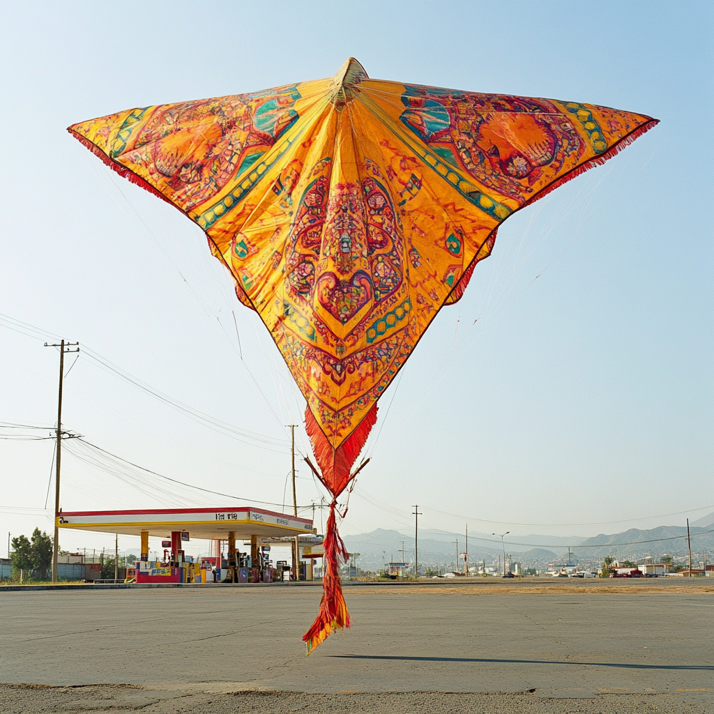 A Colorful Kite Soars Over Gas Station