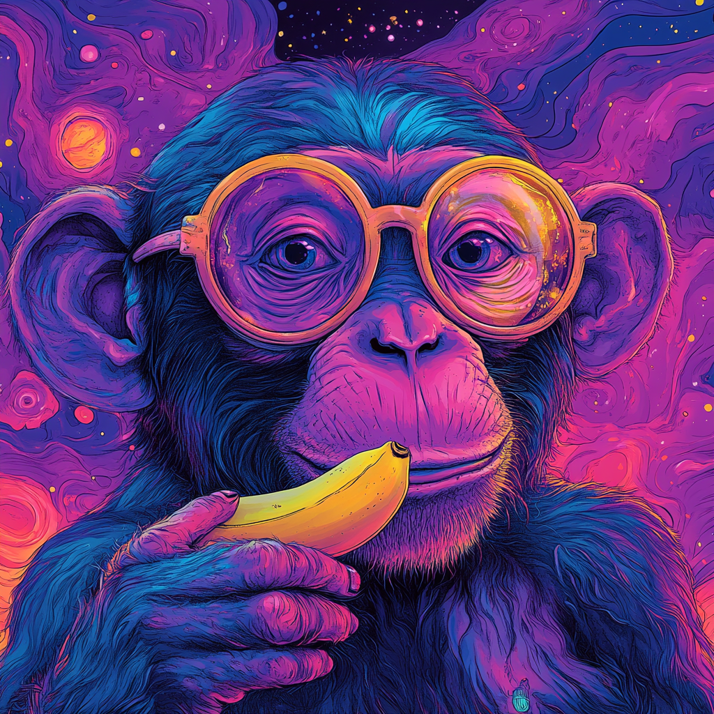 A Colorful Monkey with Banana in Surreal Setting