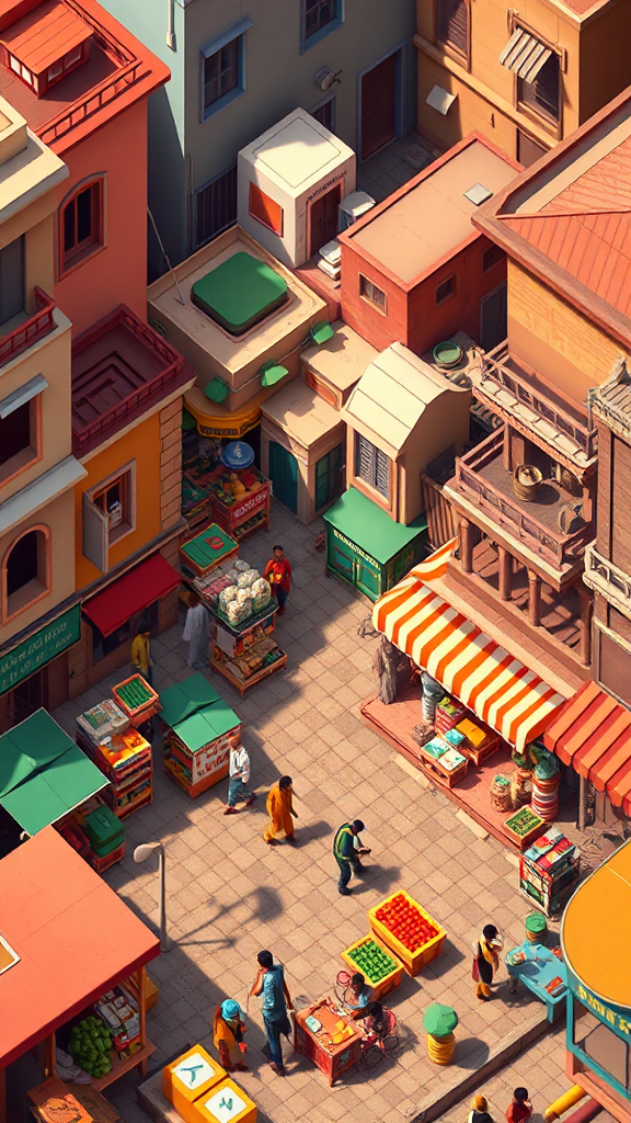 A Colorful Old Market in Mumbai City, Isometric View.