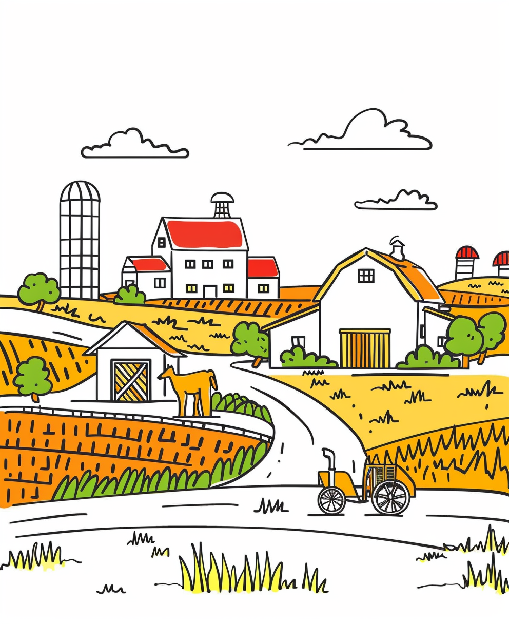 A Coloring Book Farm Illustration with Black Lines