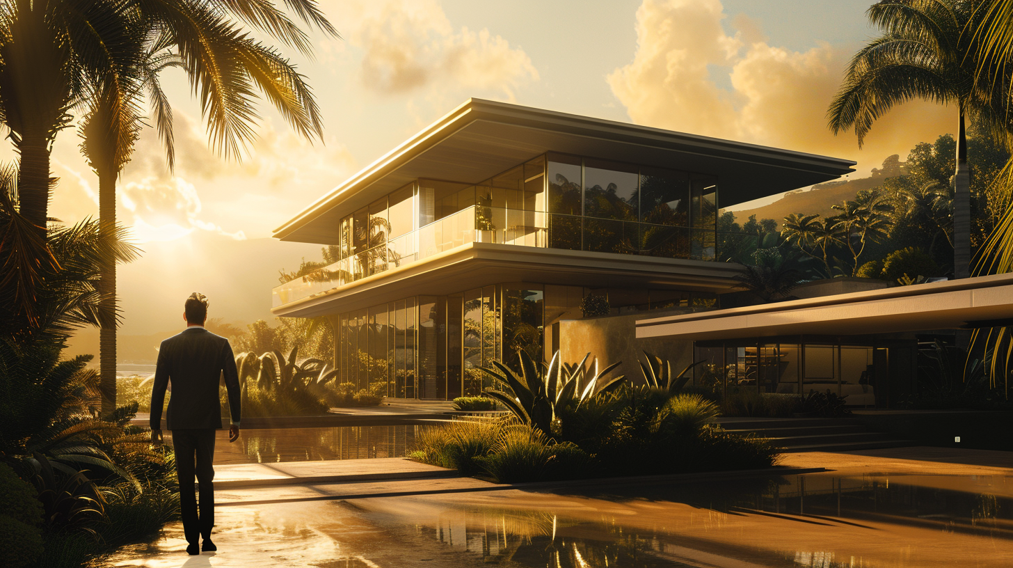 A Confident AI Bot Presenting Luxury Villa Sunset