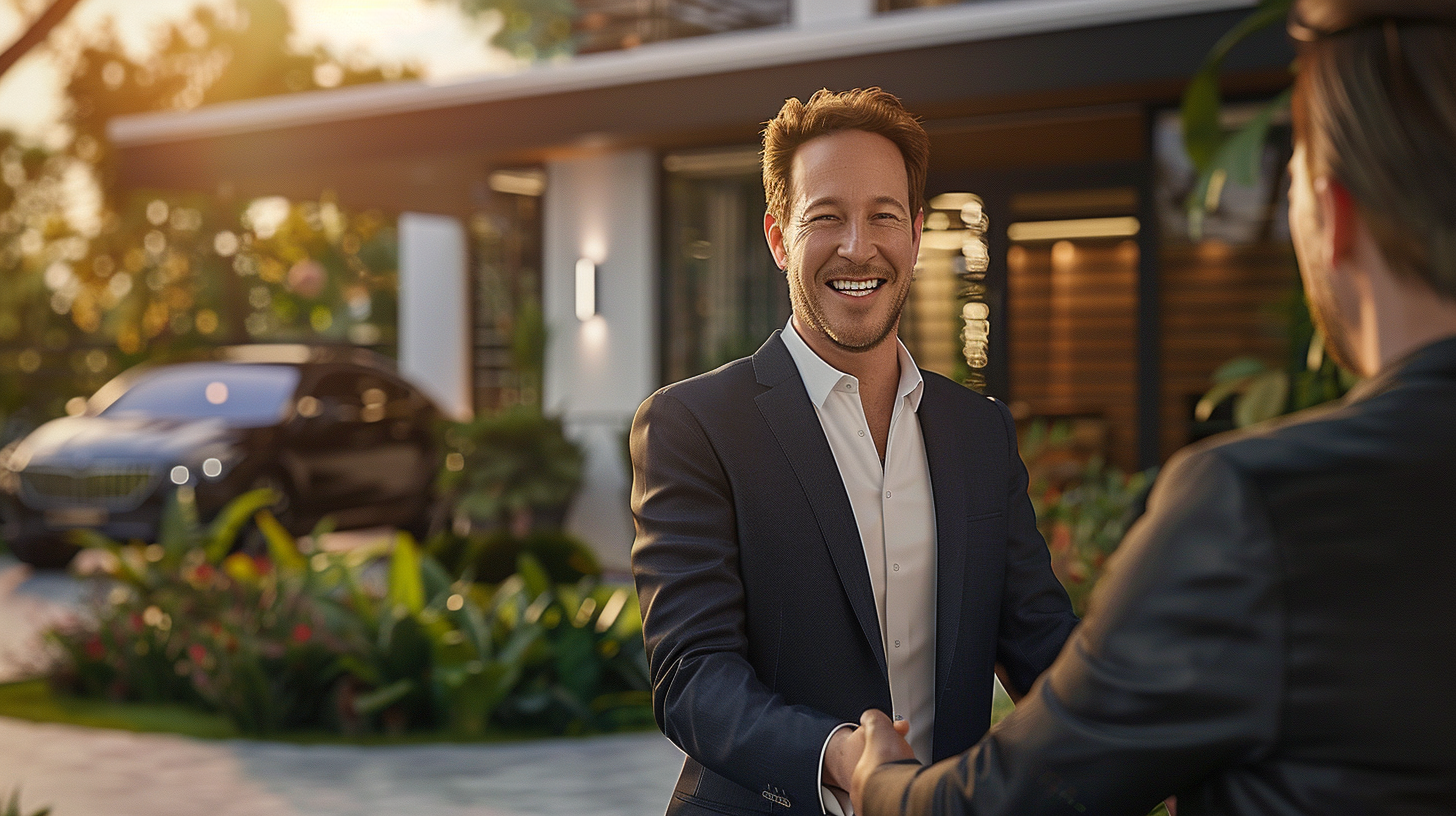 A Confident Man Shaking Hands Outside Luxury Villa