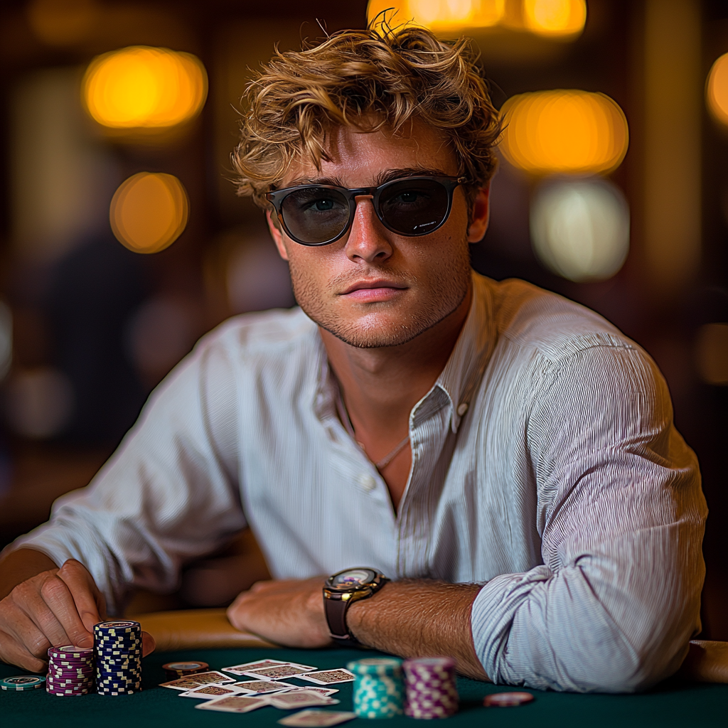 A Confident Young Man at the Poker Table.