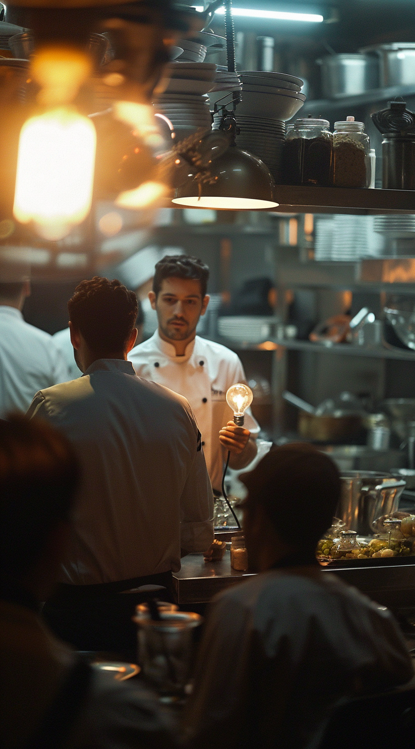 A Cook in a Clean Kitchen with Lit Lightbulb.