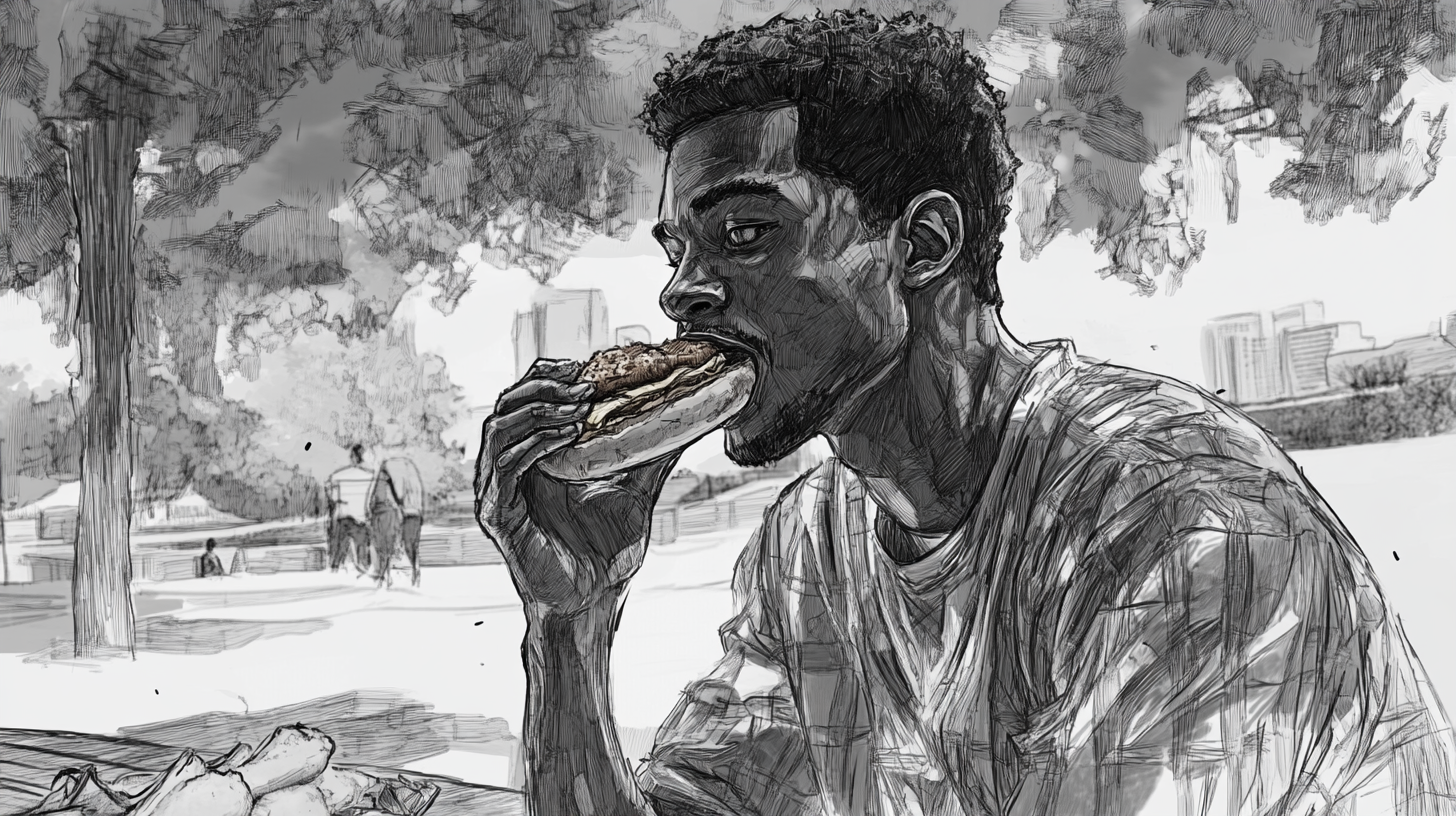 A Cool Guy Eating Chicken Burger in Urban Park