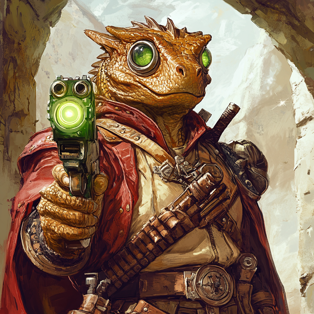 A Copper Dragonborn Gunslinger with Mechanical Eye boldy poses