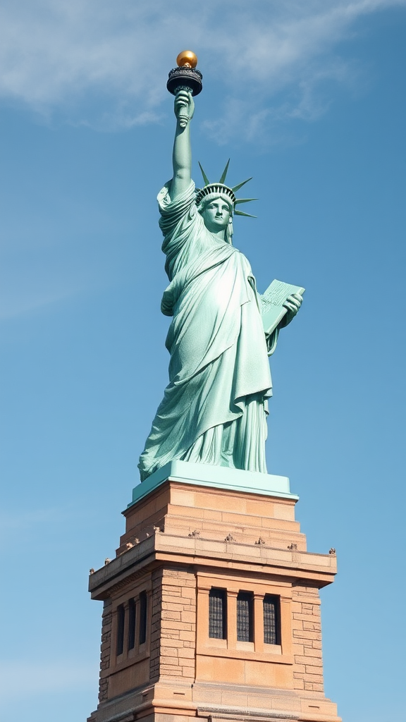 A Copper Statue of Liberty shines brightly