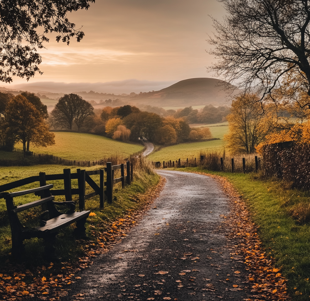 A Country Road in Autumn: Trees, Fog, Hills