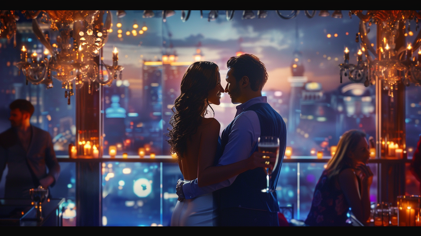 A Couple Enjoying Cocktails at Rooftop Bar at Dusk