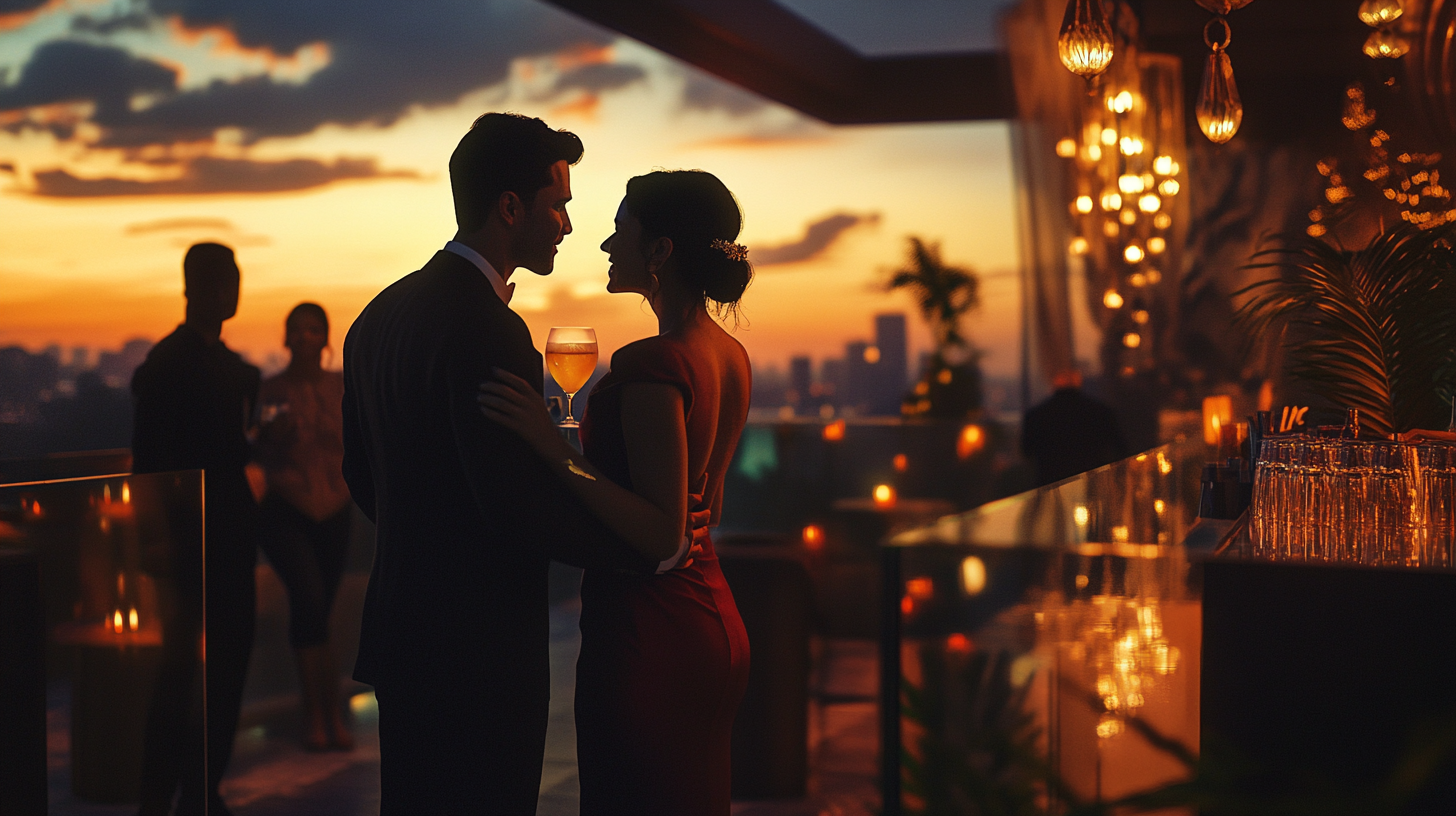 A Couple Enjoying Rooftop Bar at Dusk