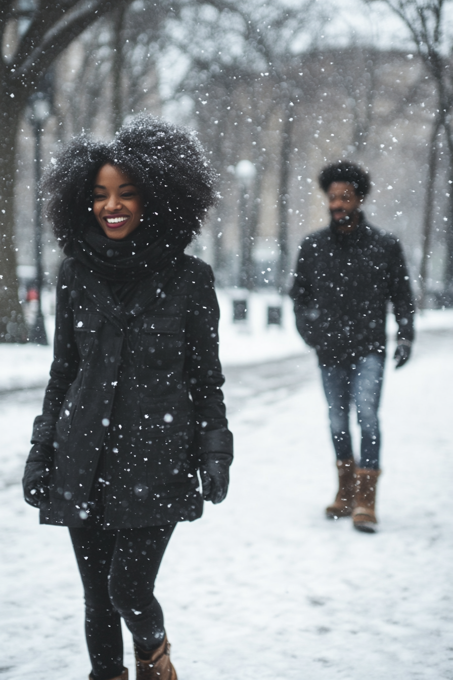 A Couple Enjoying a Snowy Winter Walk in Park