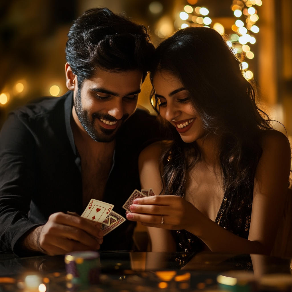 Indian Couple Playing Poker at Home Night Party