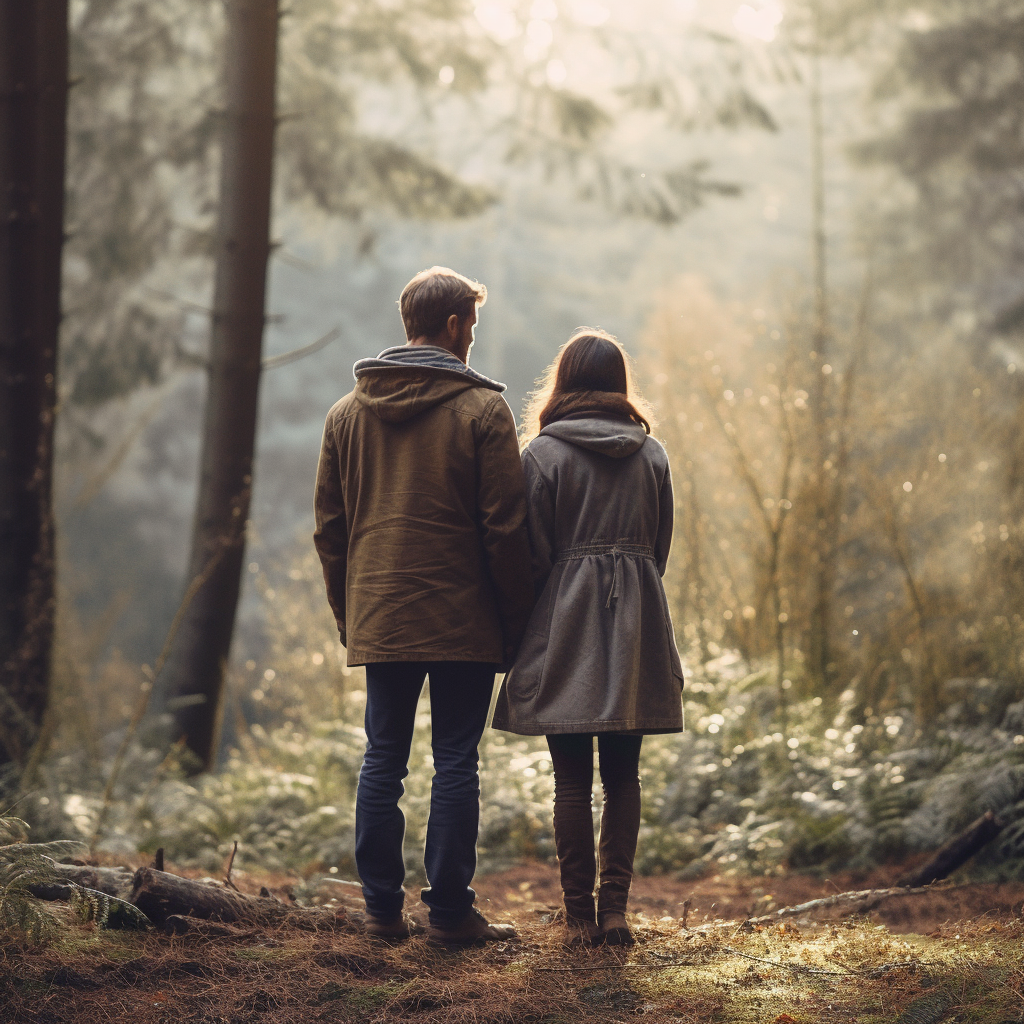 A Couple StandingTogether in a Forest Viewing Scenery