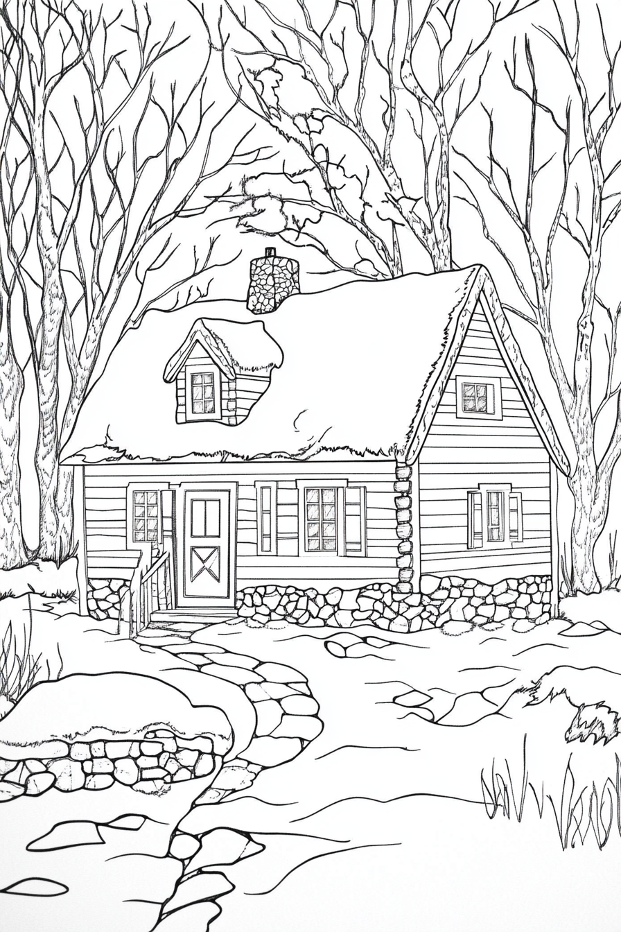 A Cozy Cabin Scene Coloring Page