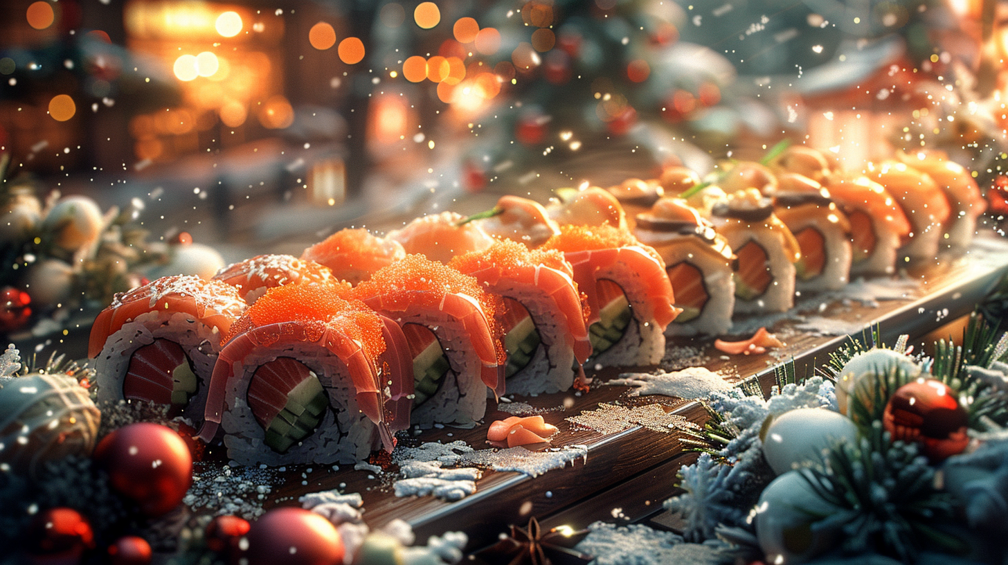 A Cozy Christmas Sushi Restaurant Background