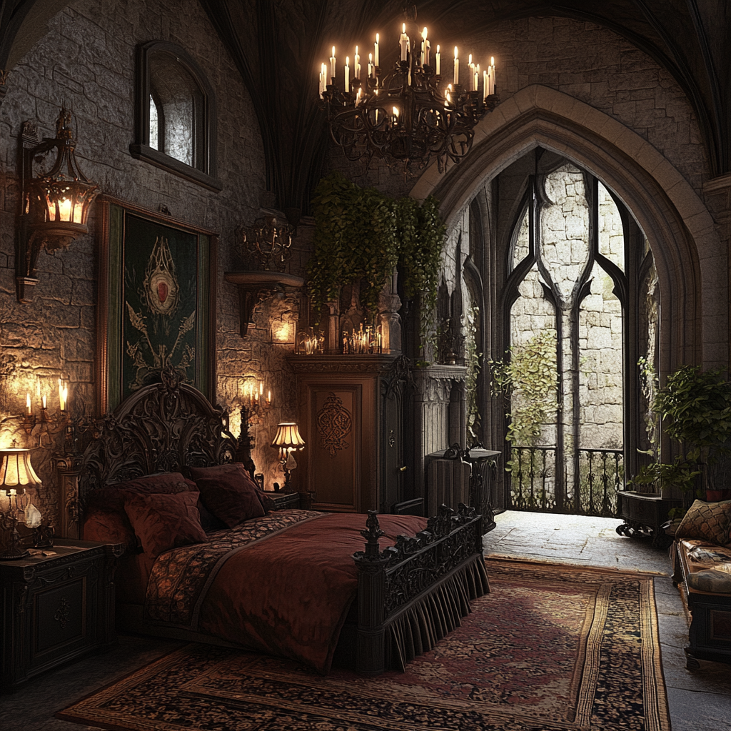 A Cozy Gothic Bedroom with Stone Walls