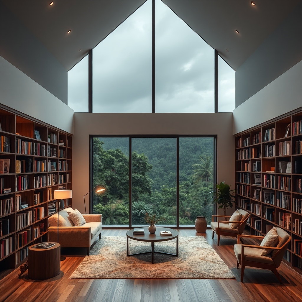 A Cozy Home Library with Nature View