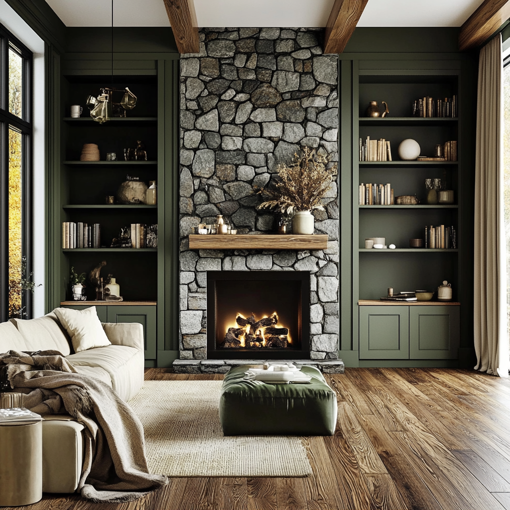 A Cozy Living Room with Fireplace and Stone