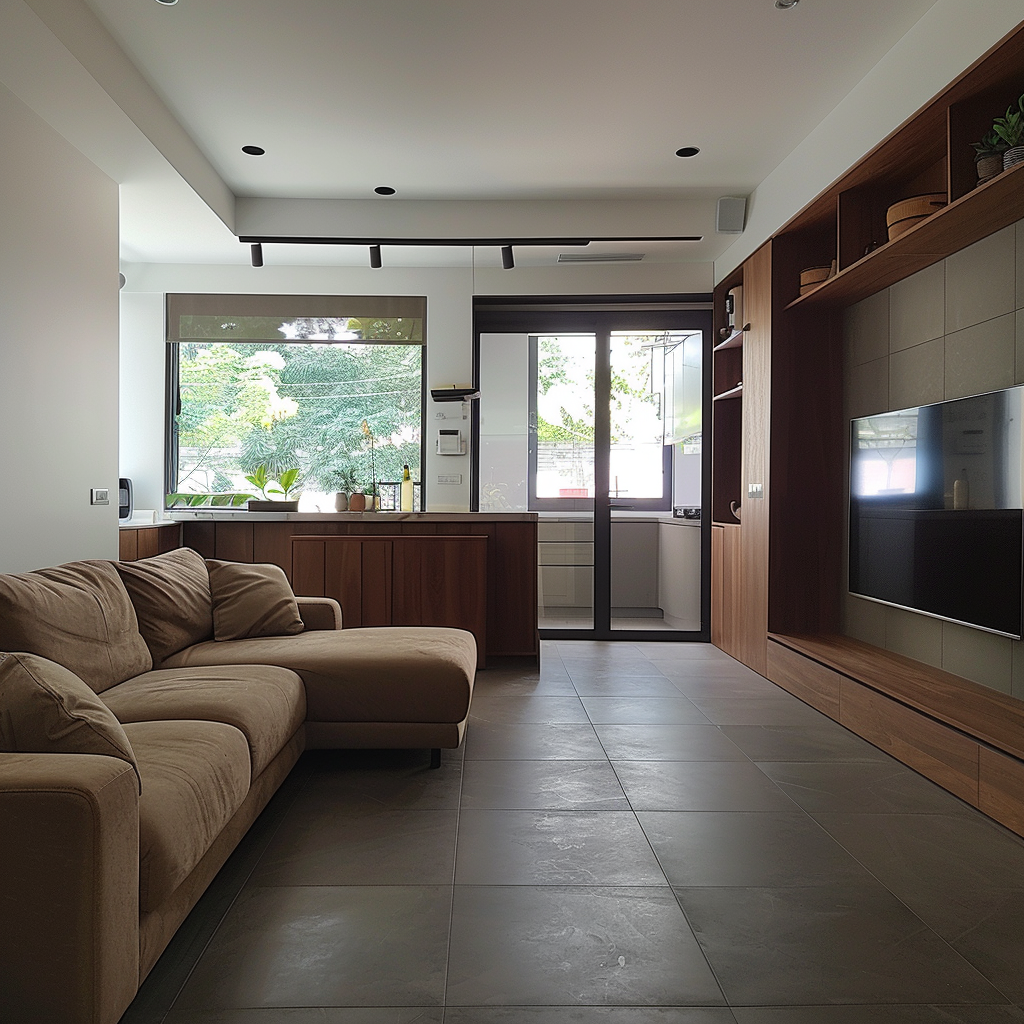 A Cozy Minimalist Living Room with Wooden Bar