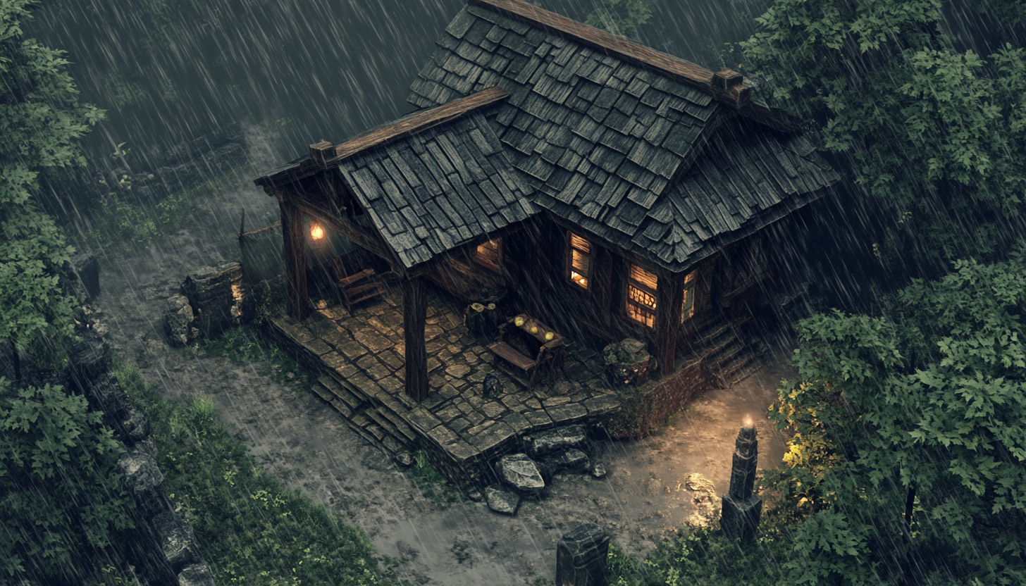 A Cozy Outpost in a Rainy, Foggy Forest