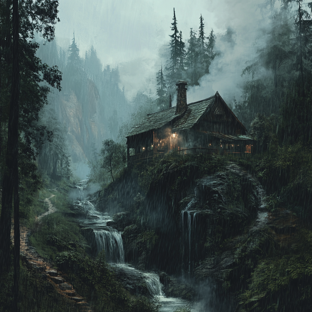 A Cozy Outpost in a Rainy Fantasy Forest