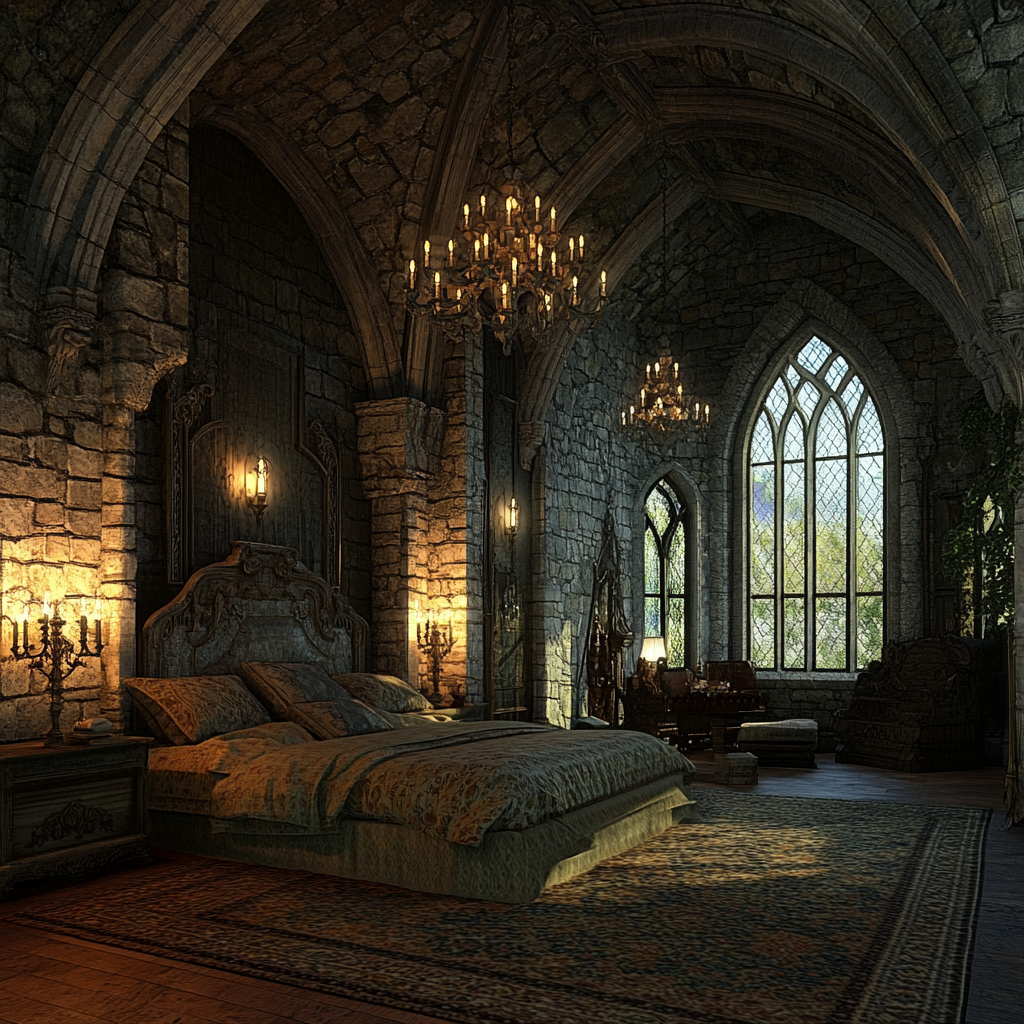 A Cozy Stone Gothic Cottage Lit by Candlelight