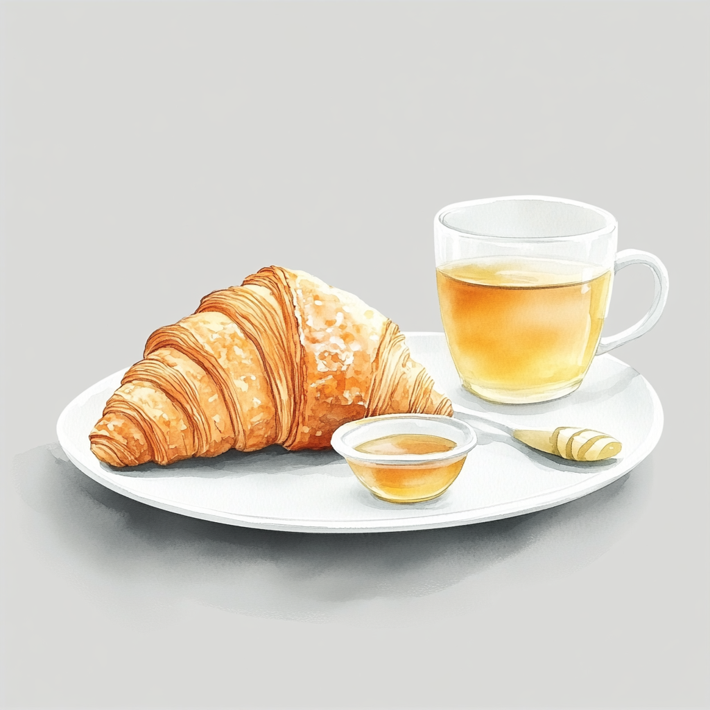 A Croissant and Tea with Honey Watercolor Illustration