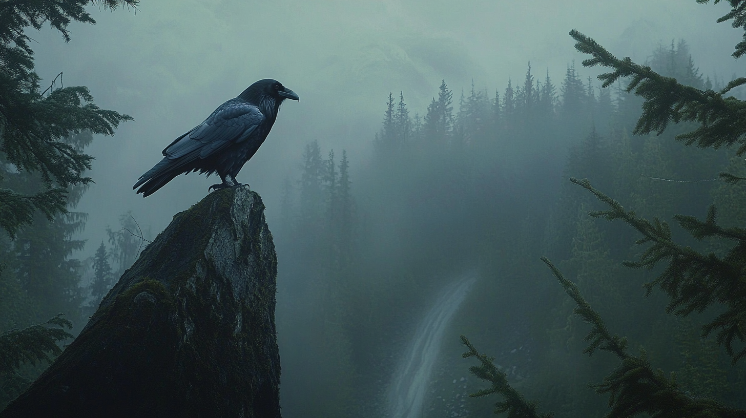 A Crow Observing Forest from Tall Pine Tree