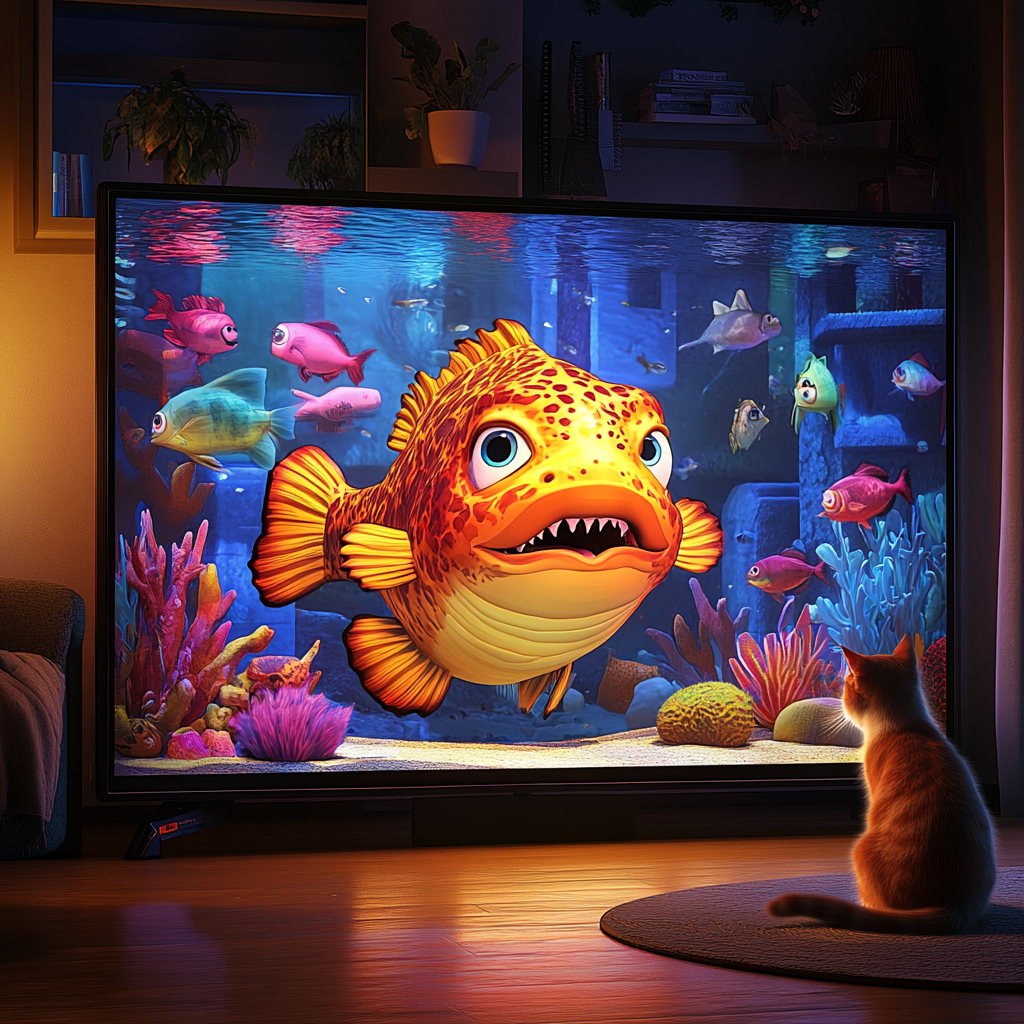 A Curious Cat Watches Colorful Fish on TV