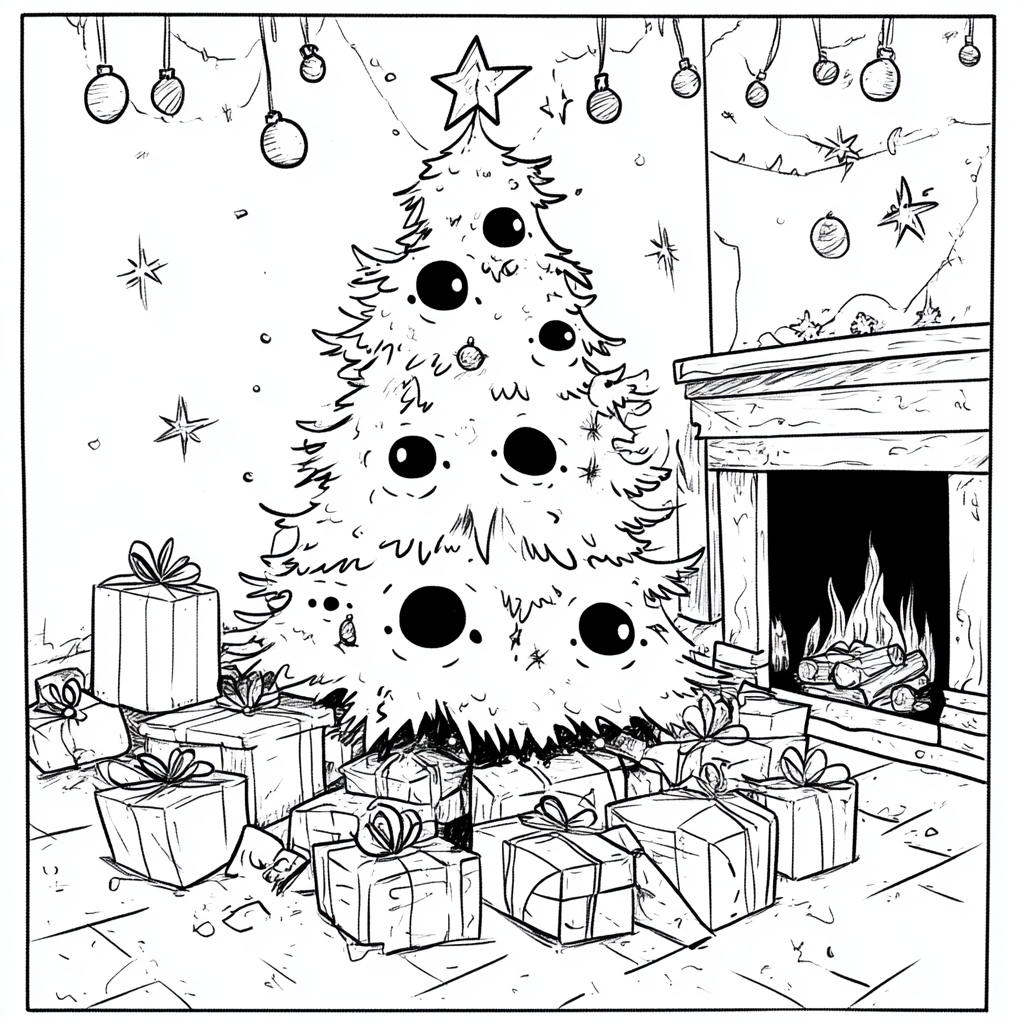 A Cursed but Cute Christmas Tree Coloring Page