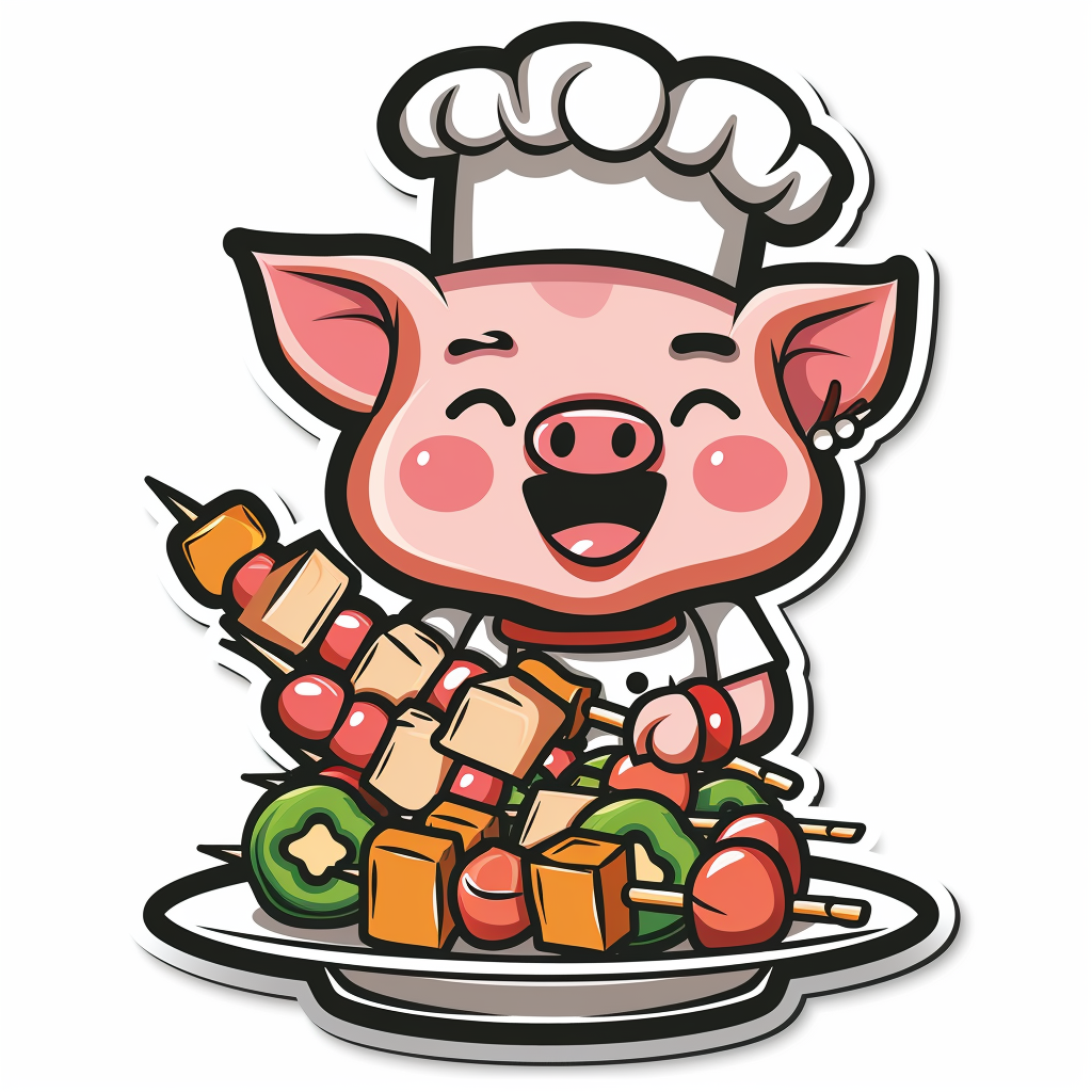 A Cute Cartoon Pig Chef with Pork Satay