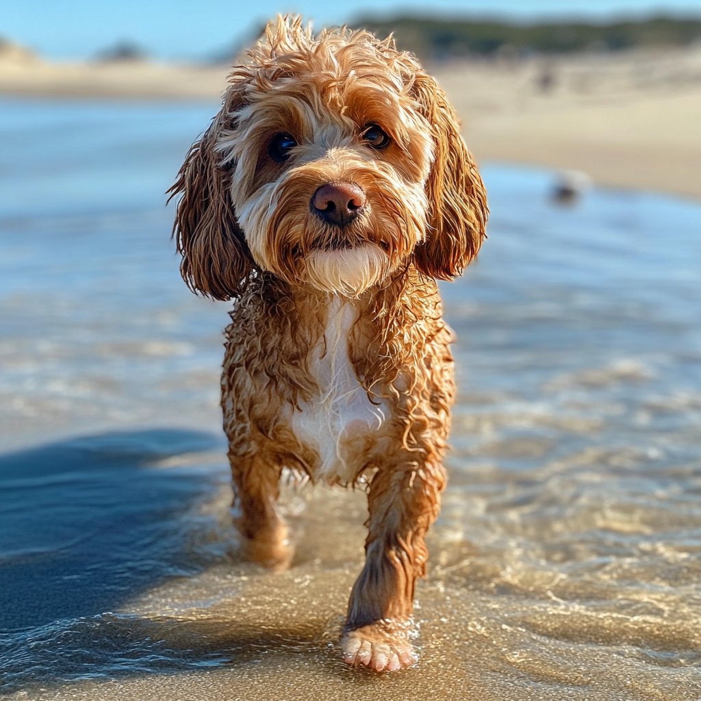 A Cute Cavoodle Dog Walking on Beach