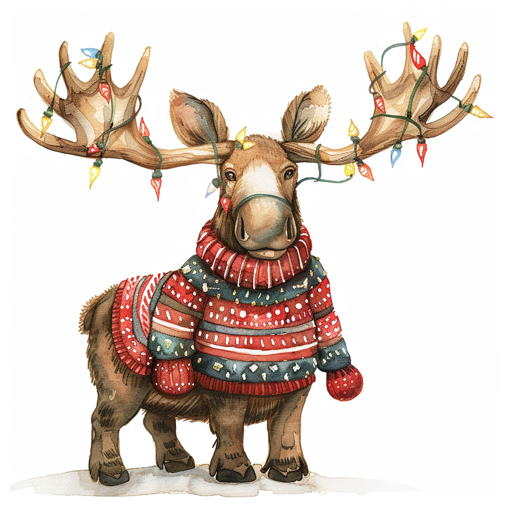 A Cute Christmas Moose with Lights and Sweater