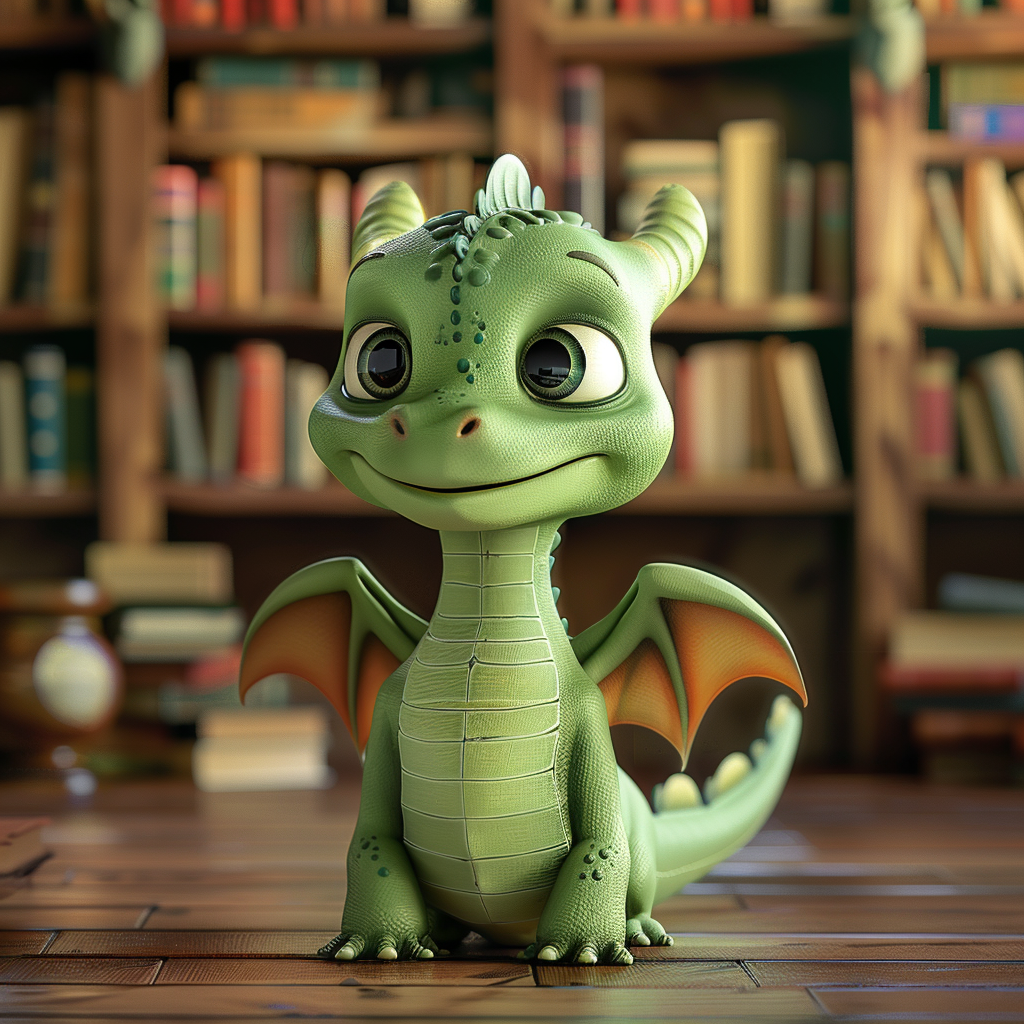 A Cute Green Dragon Standing in Library