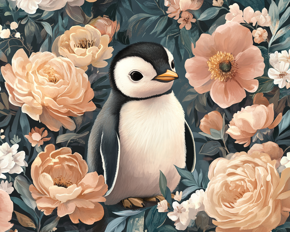 A Cute Penguin in a Flower Garden