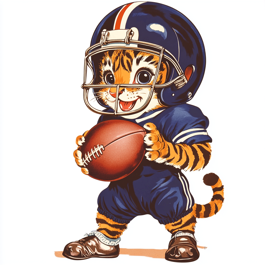 A Cute Tiger Cub in Football Gear. Vintage Style