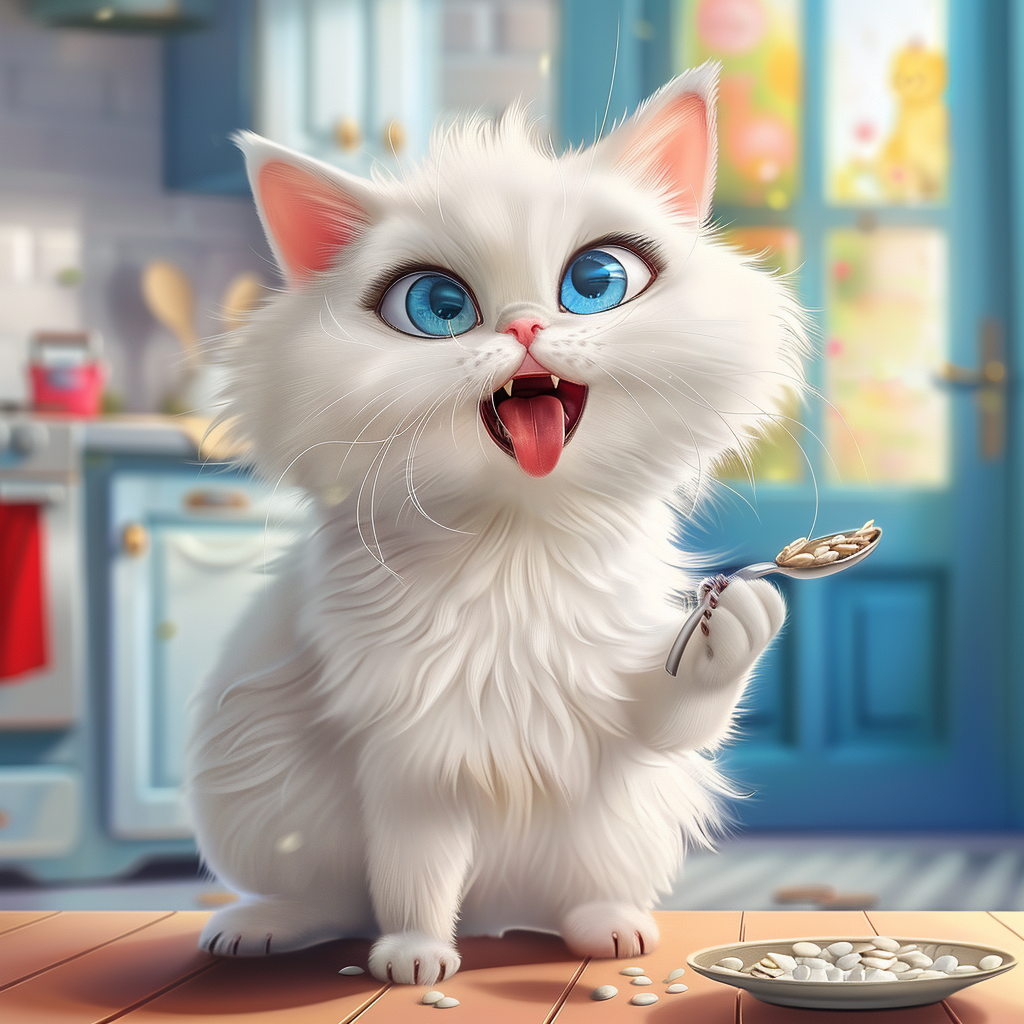 A Cute White Persian Cat Eating Food.