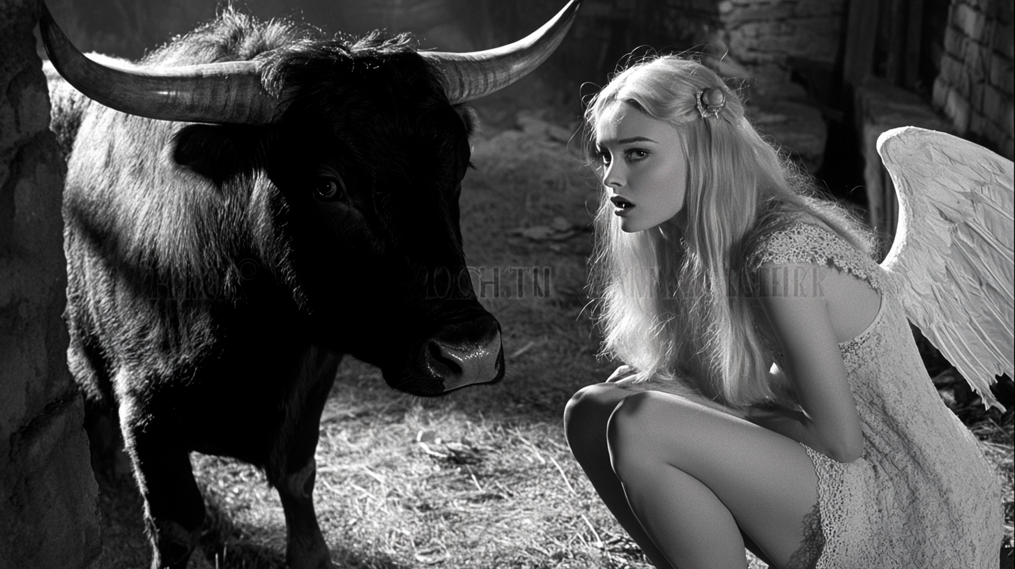 A Cyber Angel Discussing with a Bull