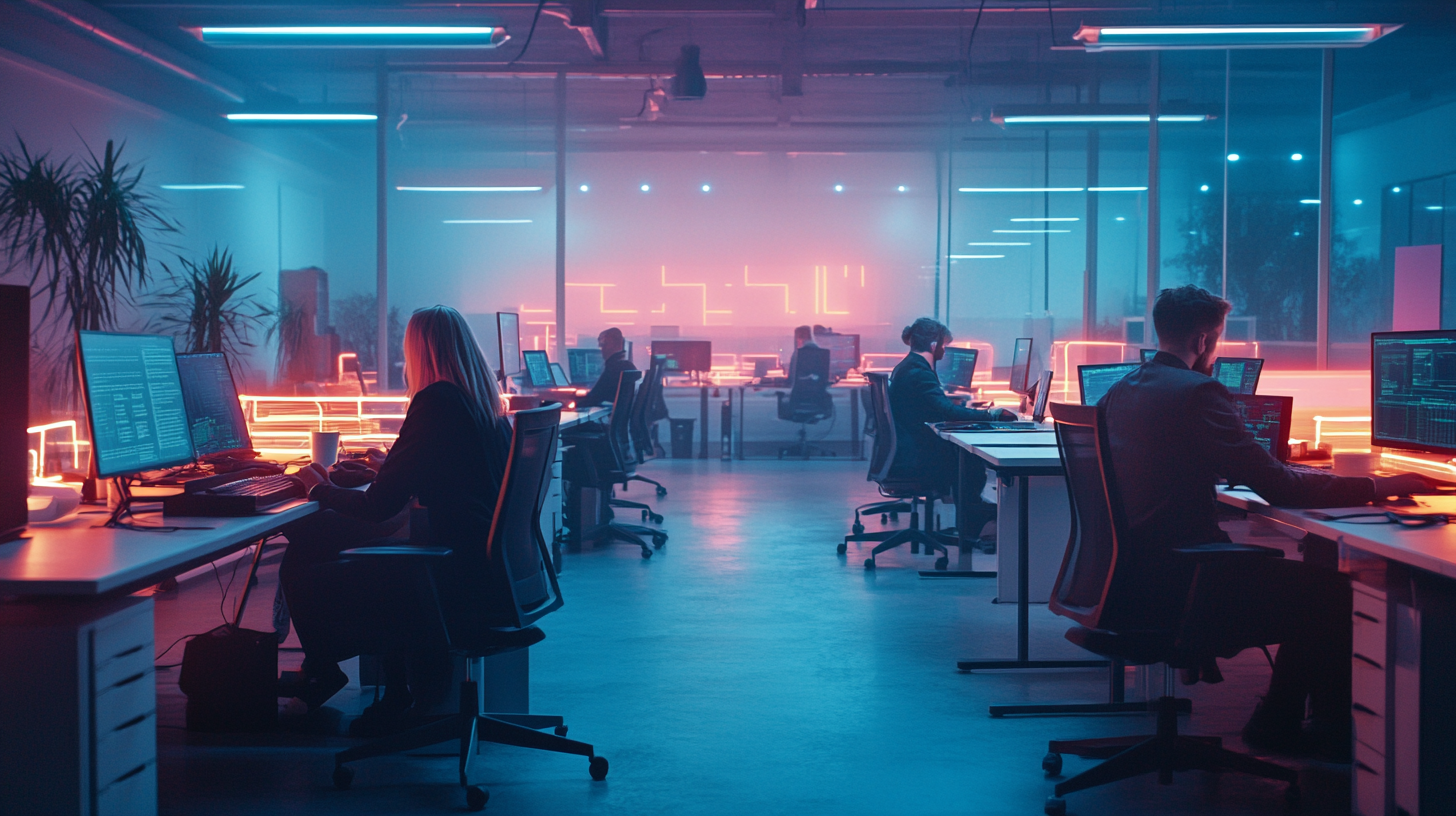 A Cyber Punk Office with Glowing Monitors