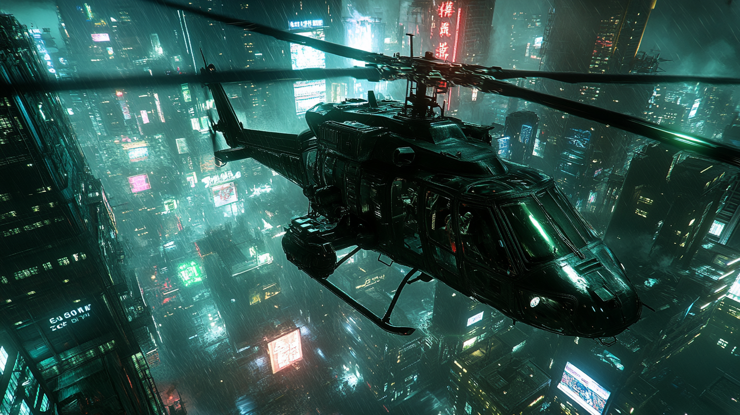 A Cyberpunk Huey helicopter chased by dragon.